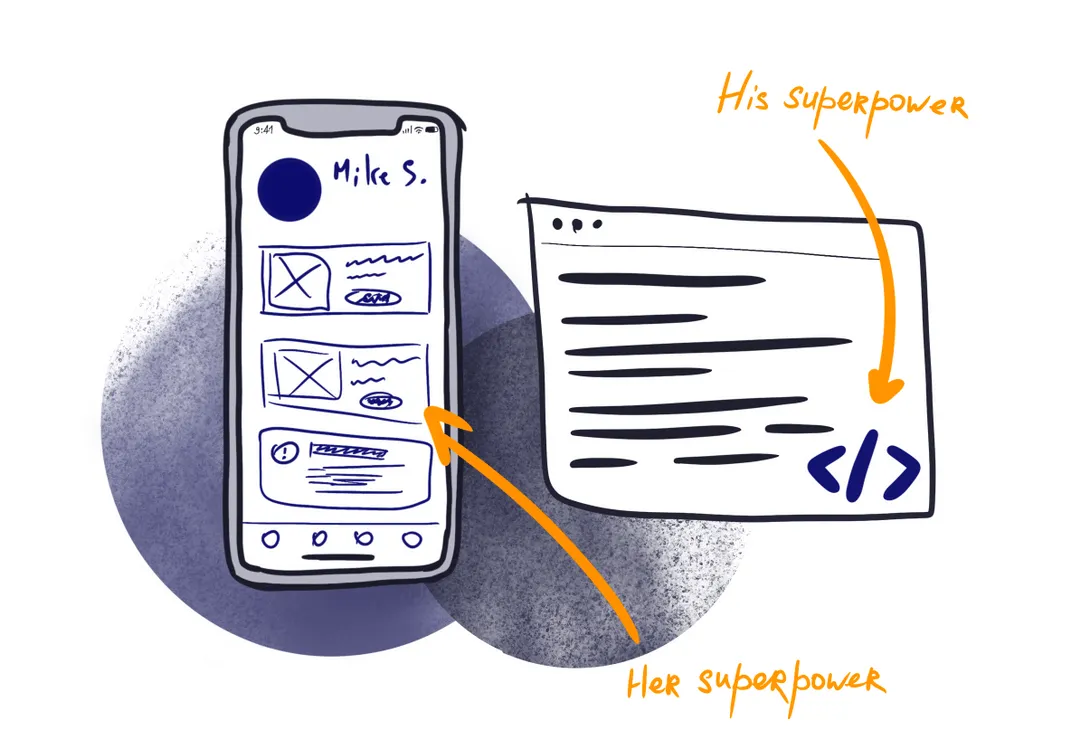 A hand-drawn sketch: a phone screen labelled "her superpower" and a window of code labelled "his superpower".